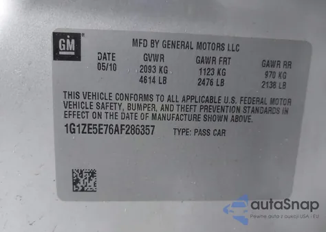 2010 Chevrolet Malibu Ltz z USA, uszkodzony, nr VIN 1G1ZE5E76AF286357